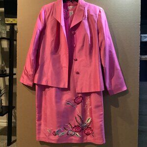 Vtg Womens Silk Floral Embroidered Sleeveless 2 Piece Sheath Dress &Jacket